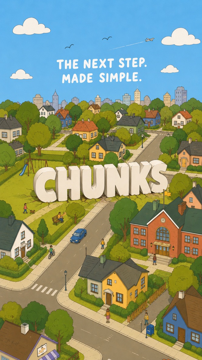 Illustrated Chunks neighborhood with winding paths through a city