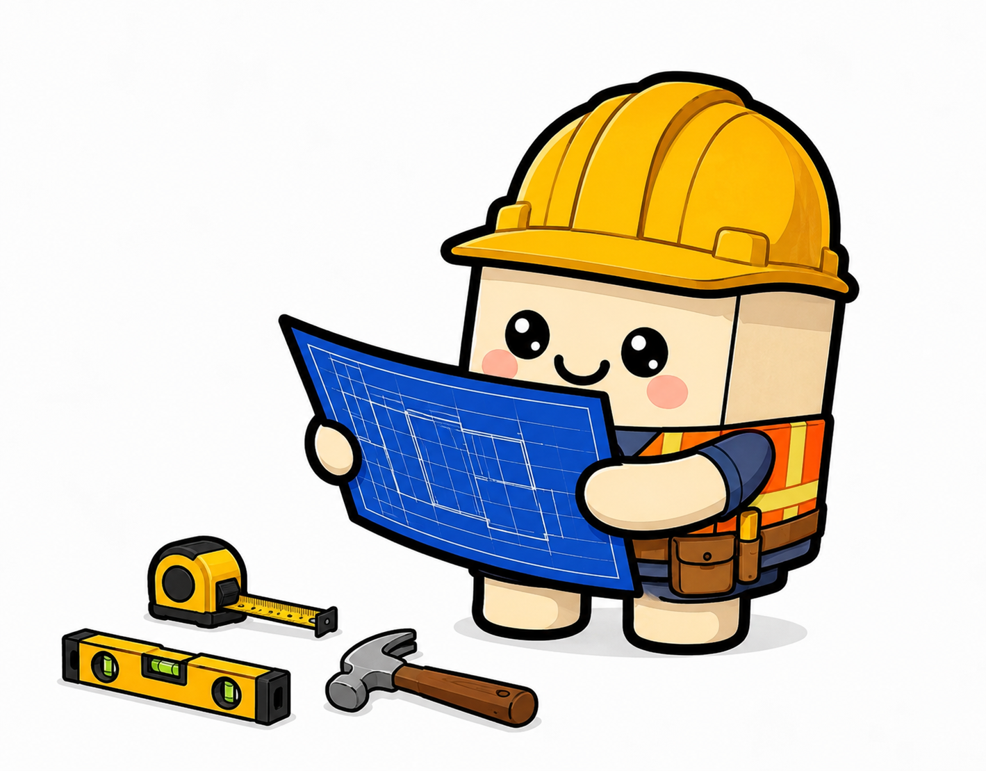 Chunks mascot reviewing a blueprint