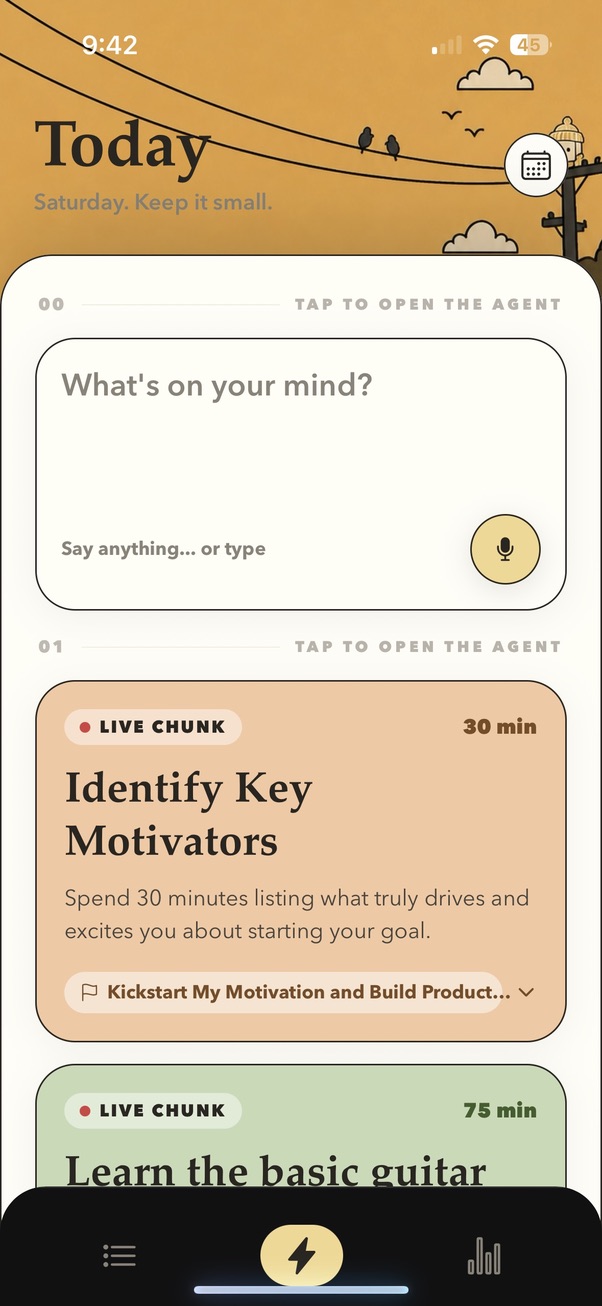 Chunks Today screen with a voice input area and active task cards