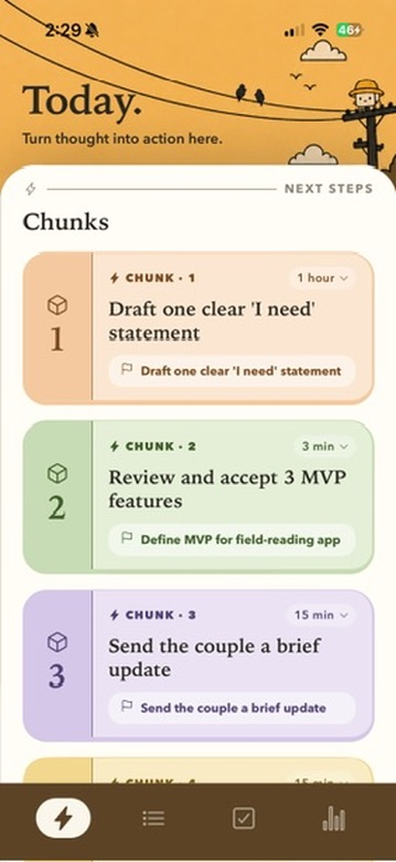 Earlier Chunks Today concept with several next-step cards