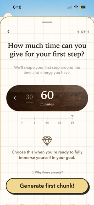 Chunks onboarding screen for choosing time available for a first step