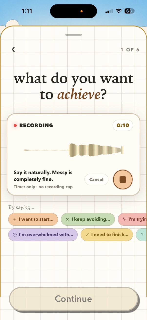 Chunks goal intake screen actively recording a voice dump