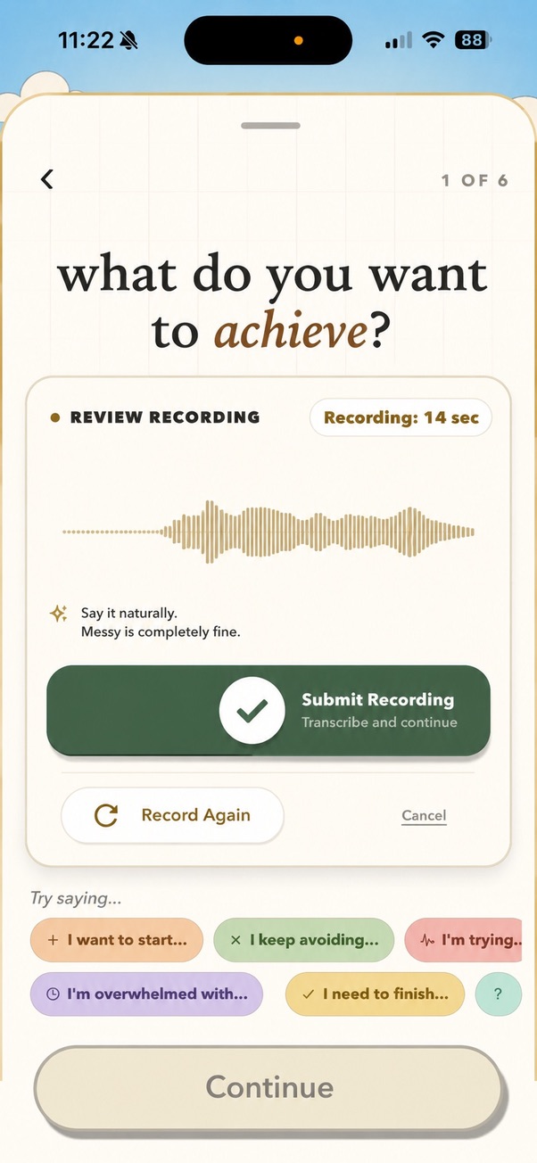 Chunks goal intake screen reviewing a voice recording before submission